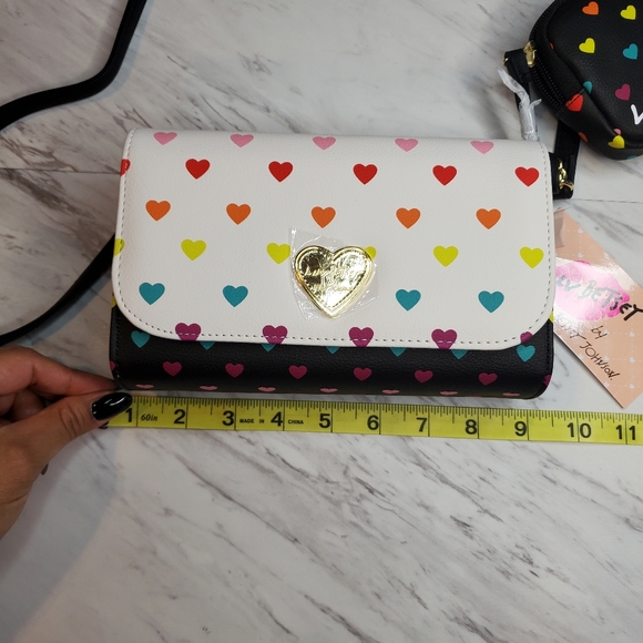 Luv Betsey Black and White Foley Purse with Rainbow Hearts and Earbud Pouch - Picture 5 of 8
